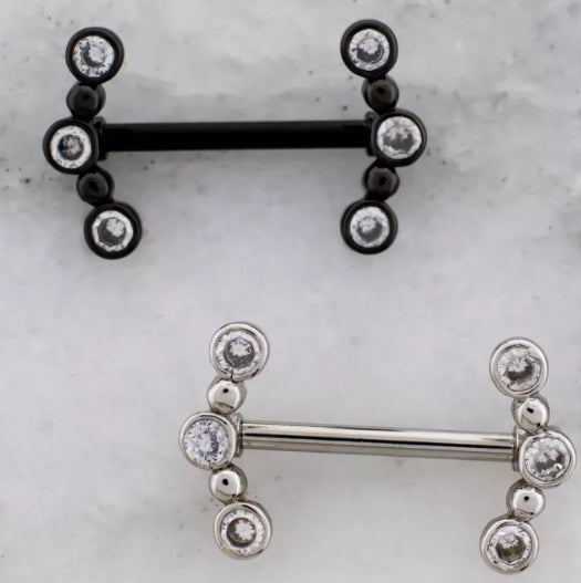 14G PVD NIPPLE BARBELL W/ BEADED GEM CRESCENT ENDS 1-pair