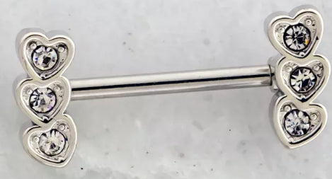 NIPPLE BARBELL WITH GEM TRIPLE HEART - 1 Pair