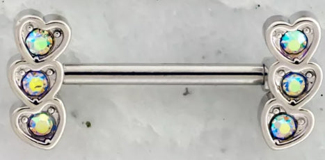 NIPPLE BARBELL WITH GEM TRIPLE HEART - 1 Pair