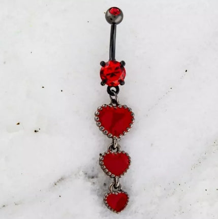 TRIPLE RED HEART DANGLE BELLY RING